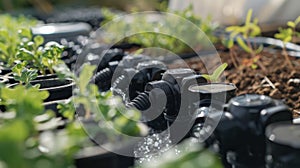 A closeup of the drip irrigation systems filter which removes sediment and debris from the water before it reaches the