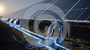 Closeup of drip irrigation systems running alongside solar panels highlighting efficient water management in a dualuse