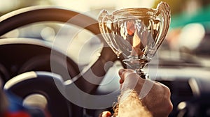 The closeup of the drivers hand gripping the trophy tightly their knuckles white with excitement and adrenaline photo