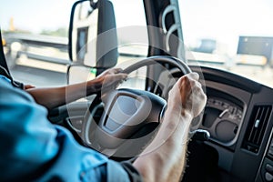 closeup of drivers hand on truck steering wheel