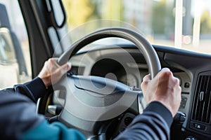 closeup of drivers hand on truck steering wheel