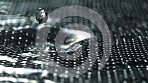A closeup of a drop of water p on a superhydrophobic surface. The droplet appears to be defying gravity ly touching the photo