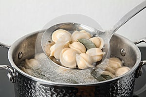 Closeup of dumplings on skimmer over stewpan with boiling water