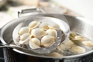 Closeup of dumplings on skimmer over stewpan with boiling water. Home