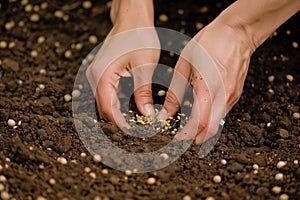 closeup of a duos hands, intertwined, sowing seeds in soil