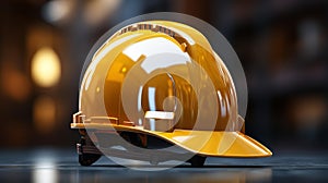 Closeup, durable brightyellow hard hat for construction safety gear, providing protection and visibility on the job site photo