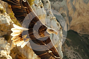 closeup of an eagle soaring, mountain cliffs filling the frame