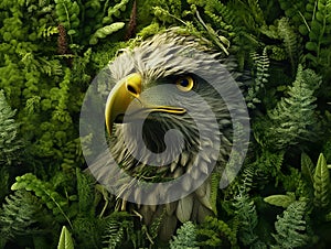 Closeup of a eagle surrounded by green plants. Eagle in the jungle.