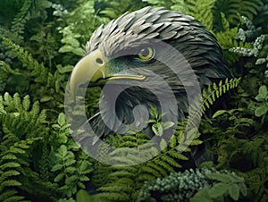 Closeup of a eagle surrounded by green plants. Eagle in the jungle.