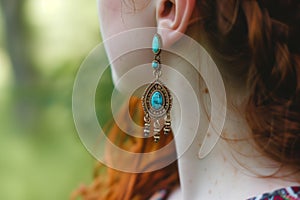 closeup of ears with bohostyle turquoise earrings photo