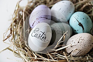 Closeup of easter eggs in a nest