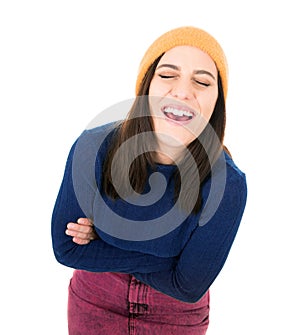 Closeup ecstatic young girl with eyes closed, isolated on white background