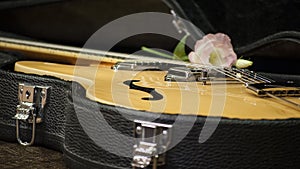 Closeup of electric guitar in black guitar case and flower