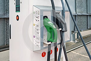 Closeup of electric vehicle charging station