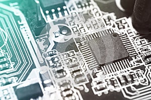 Closeup of electronic circuit board with processor