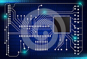 Closeup of electronic circuit board with processor background