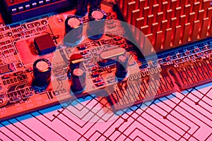 Closeup of electronic components, printed circuit board, unit, part, circuit diagram, computer equipment and digital microchip -