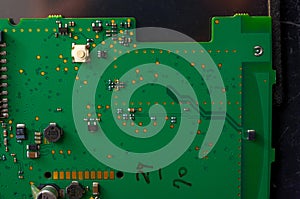 Closeup electronics circuit board and components printer computer