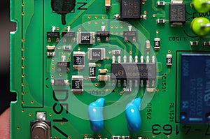 Closeup electronics circuit board and components printer computer