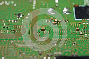 Closeup electronics circuit board and components printer computer