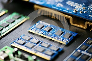 Closeup of electronics computer components microprocessors mainboard