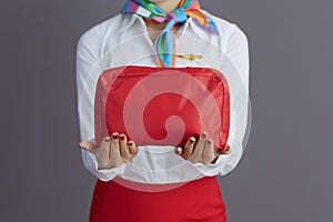 Closeup on elegant flight attendant asian woman isolated on gray