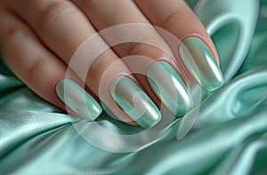 A closeup of an elegant woman's hand with well-groomed nails, holding a light green fabric. The background is a soft