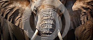 Closeup of an elephants wrinkled snout and tusks in natural landscape