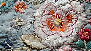 A closeup of an embroidered flower pattern on a soft fabric showcasing the intricate and delicate handiwork of the