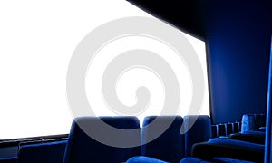 Closeup of empty cinema screen with blue seats. 3d render