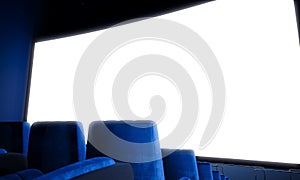 Closeup of empty cinema screen with blue seats.Wide. 3d render