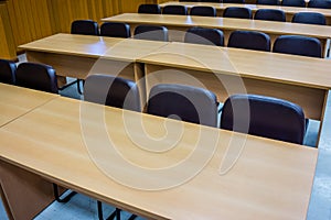 Closeup of an empty conference room before meeting .