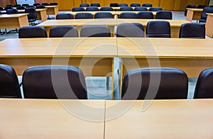 Closeup of an empty conference room before meeting .