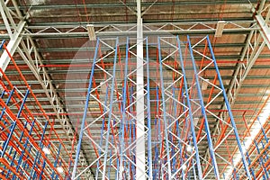 Closeup of empty warehouse racking facilities for logistic indus