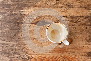 Closeup of Empty white coffee`s cup after drink on wooden table