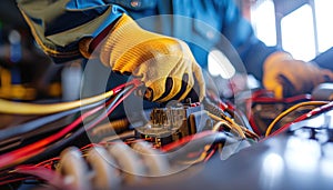 Closeup of an engineer working on electrical wiring and circuit components