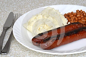 Closeup english bangers and mashed potatoes