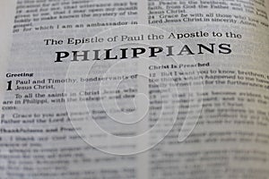 Closeup of "The Epistle of Paul the Apostle to the Philippians" in Holy Bible