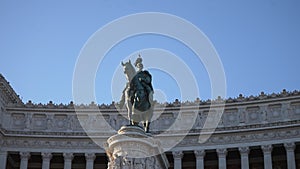 Closeup equestrian statue of National monument to Vittorio Emanuele II - Victor Emmanuel II at Piazza Venezia on sunny