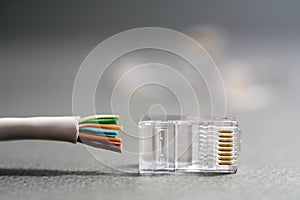 Closeup ethernet cable plug connector