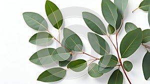 closeup of eucalyptus leaves on plain white ai generated