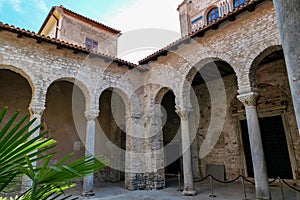 Closeup of the Euphrasian Basilica with beautiful archs in Porec, Croatia
