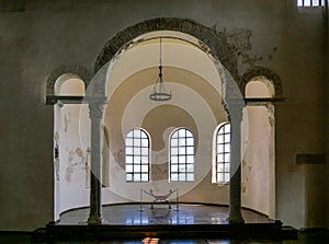 Closeup of the Euphrasian Basilica with beautiful archs in Porec, Croatia