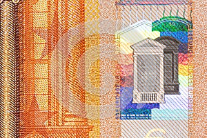 Closeup of 50 Euro banknote, Design of new 50 Euro Bills. European Money Fifty Euros. European Monetary Union. Hologram safety