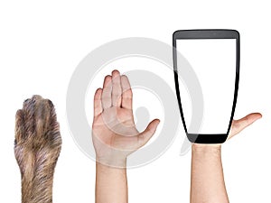 Closeup evolution of hand from animal to smartphone or mobile isolated on white. Concept of how technology changed the human kind