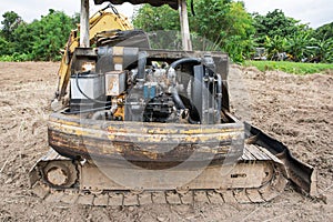 Closeup of excavator engine outdoor background