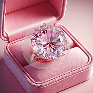 Closeup of expensive pink diamond ring in pink velvet case. Created using an AI model