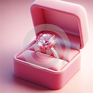 Closeup of expensive pink diamond ring in pink velvet case. Created using an AI model