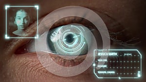 Closeup eye biometrics recognition system checking user analyzing personality