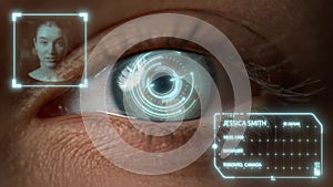 Closeup eye biometrics recognition system checking user analyzing personality